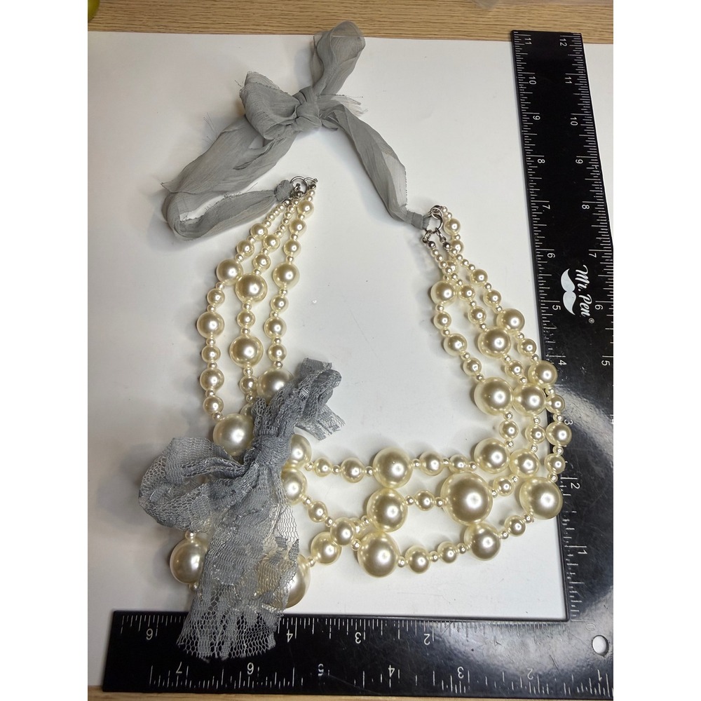 Faux Pearl Multi Strand Statement Necklace Grey Lace Bow Ribbon Tie Cream